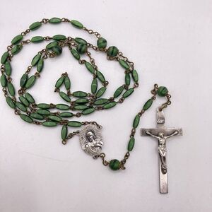 Vintage Sterling Silver Rosary Emerald Green Glass Beads  22.5” Unmarked